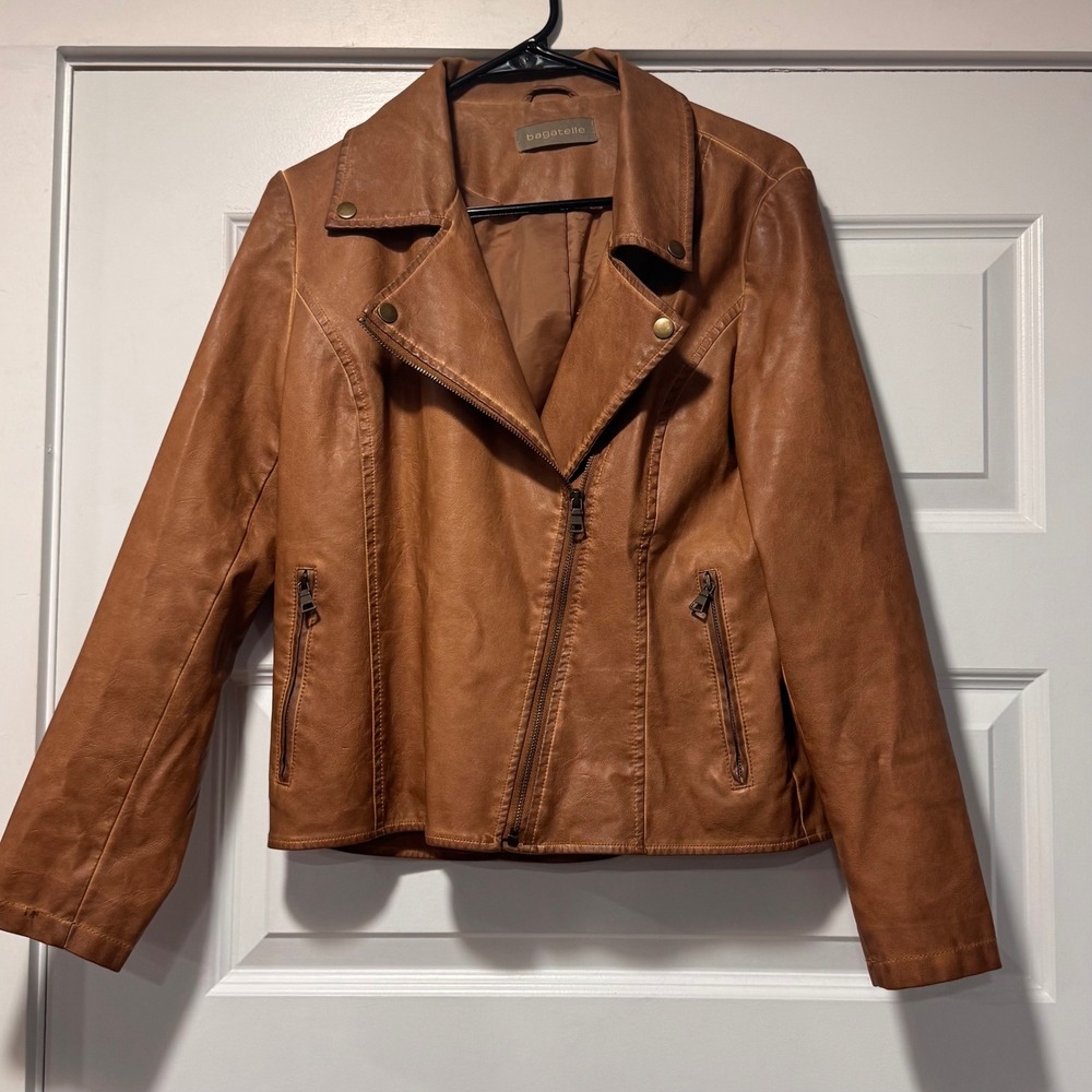 Bagatelle Brown Faux Leather Moto Jacket Women's M Asymmetrical Zip - Picture 2 of 11